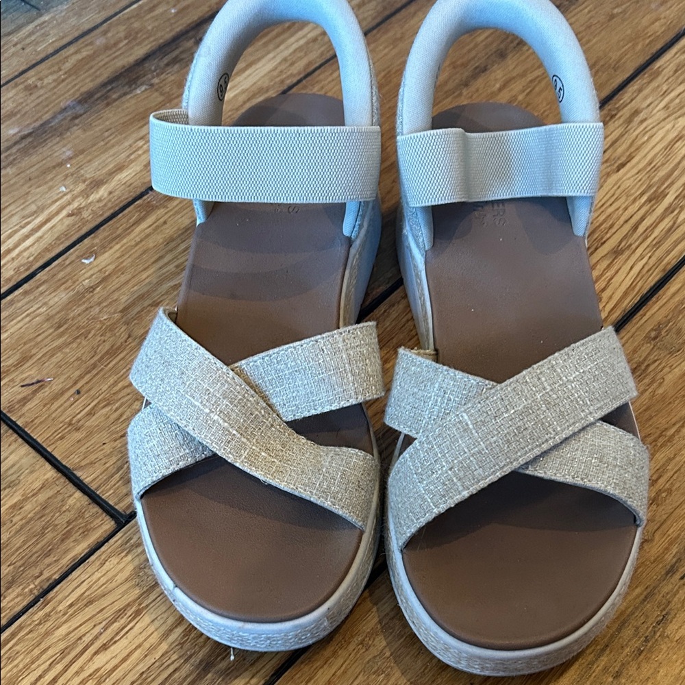 BOBS from Skechers Neutral Beige Crisscross Platform Slip In Sandals